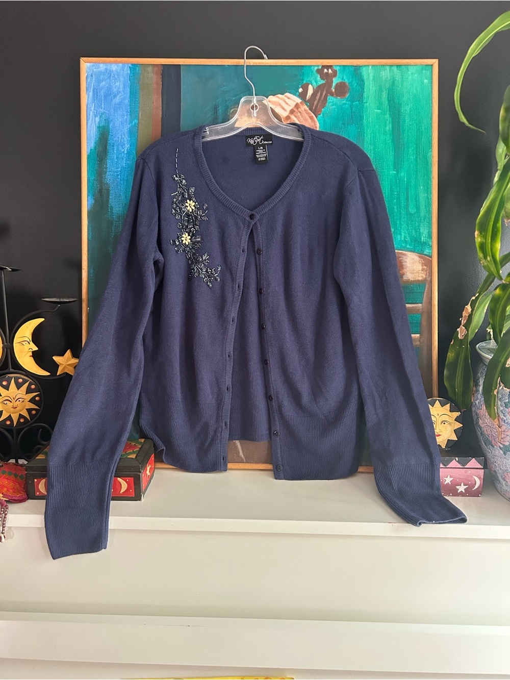Knit & Soft Navy Floral Beaded Cardigan Sweater L Cottagecore Y2K